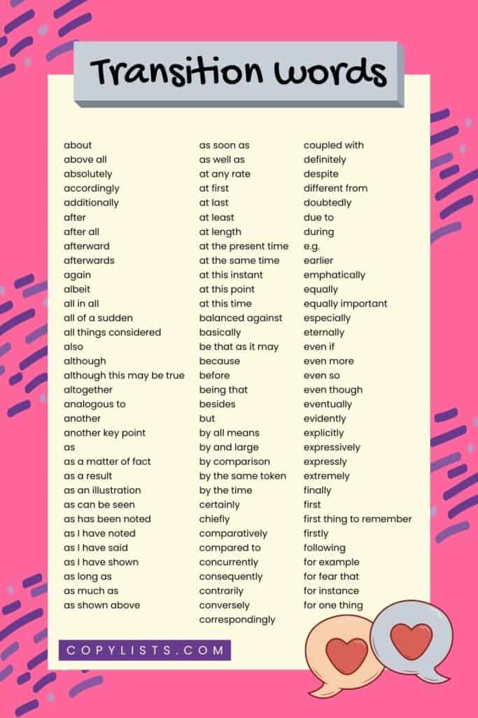 List of Transition Words